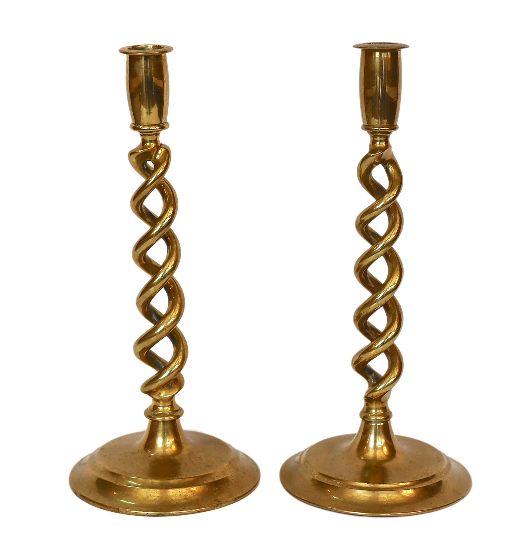 A pair of Victorian brass spiral twist candlesticks, height 30cm